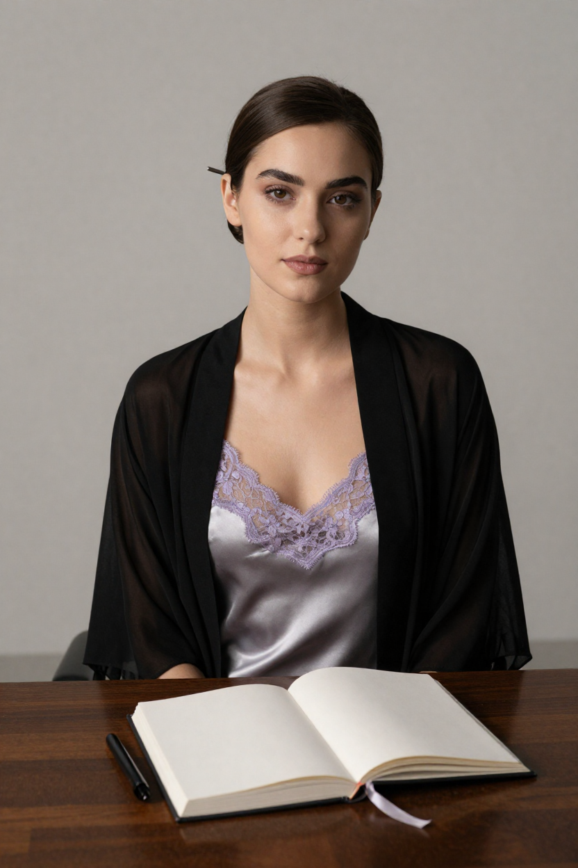 Fictional 29-year-old woman, dark chestnut hair in a smooth low bun held with a plain silver