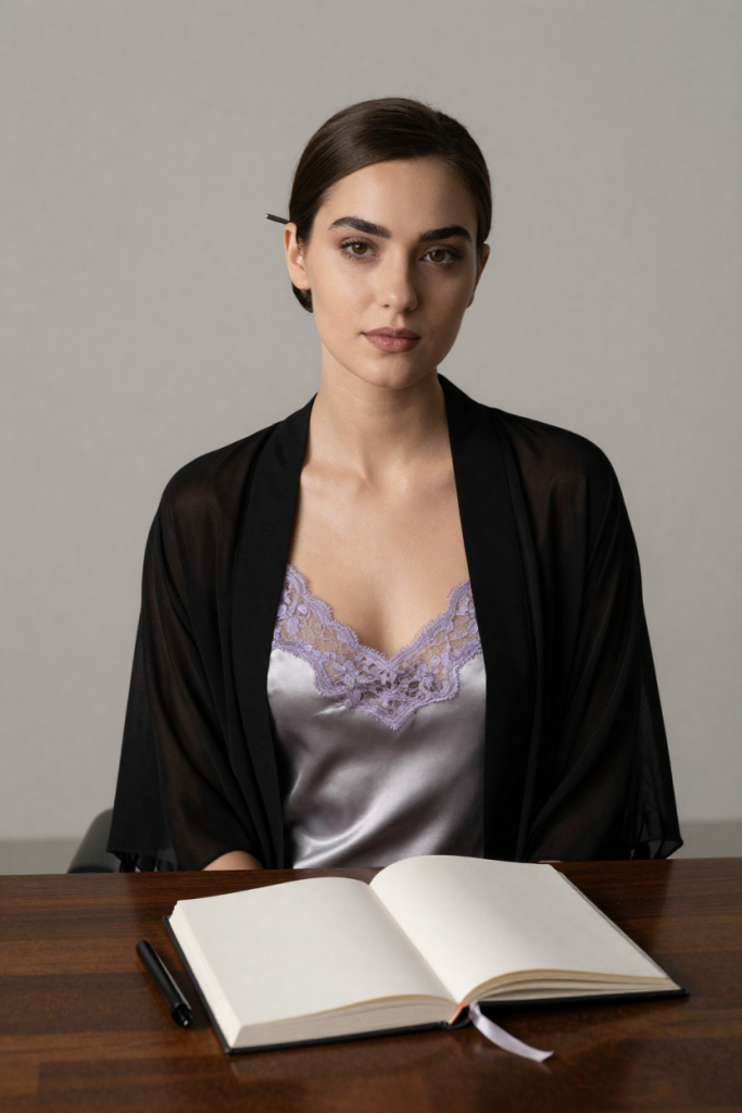 Fictional 29-year-old woman in a silver silk slip seated at a desk with an open blank biography book